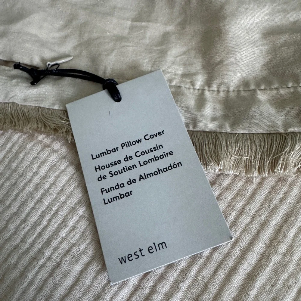 West Elm Lumbar Pillow Cover 2pc Set 12x21 Beige Fringe Green Floral NWT NWOT